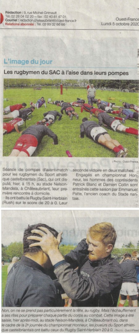 Article Ouest France du 5 octobre 2020- Les rugbymen du SAC à l'aise dans leurs pompes.